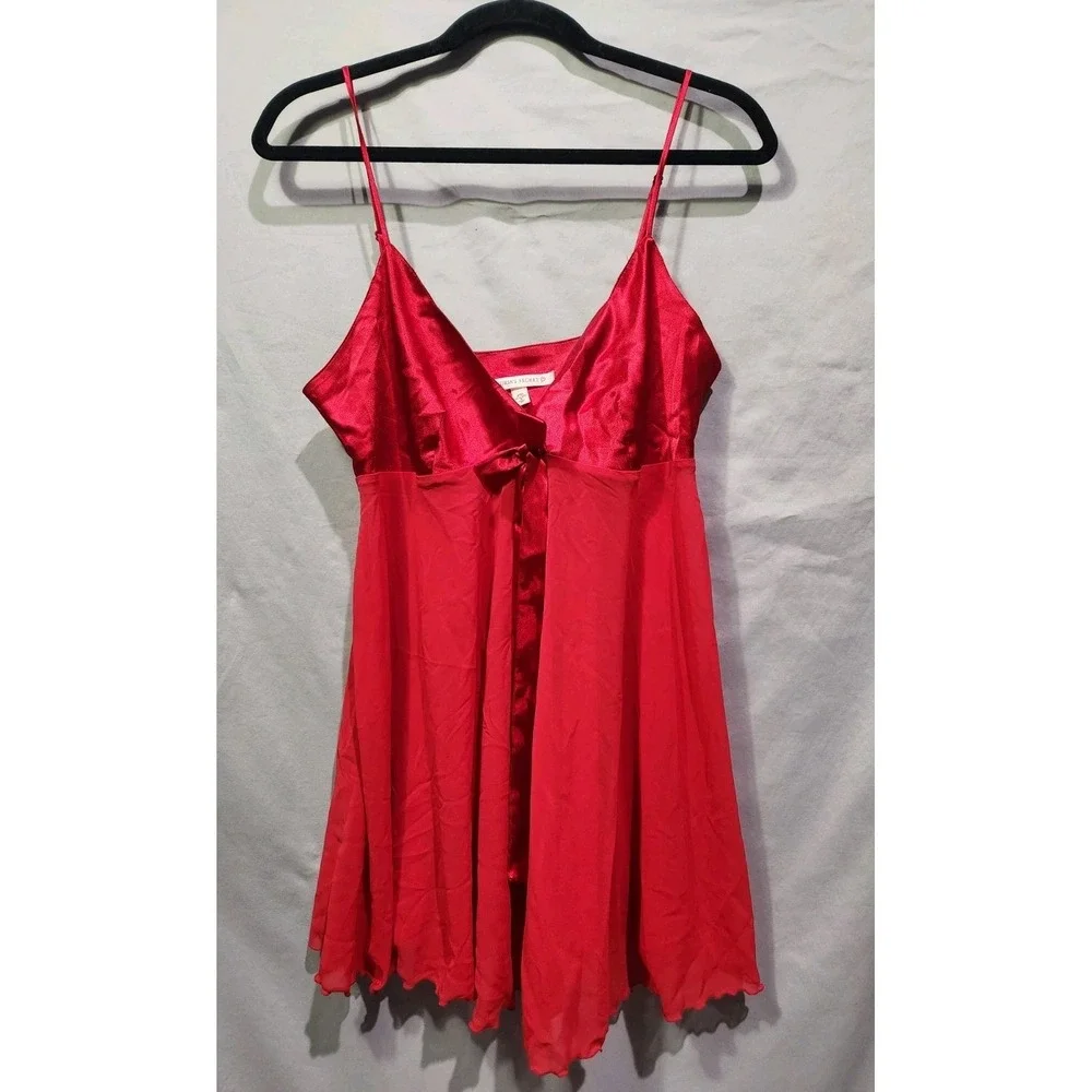 Victorias Secret 90s Red Satin Babydoll Gown Slip Bow Accent Sheer M Valentines